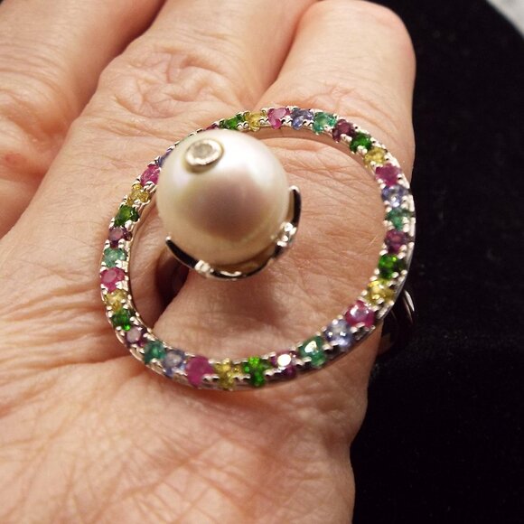 D'JOY "GALAXY" COLORFUL GEMSTONES CIRCLE W/ 9.5 MM NATURAL PEARL SZ. 11 RING 72 - Picture 2 of 6